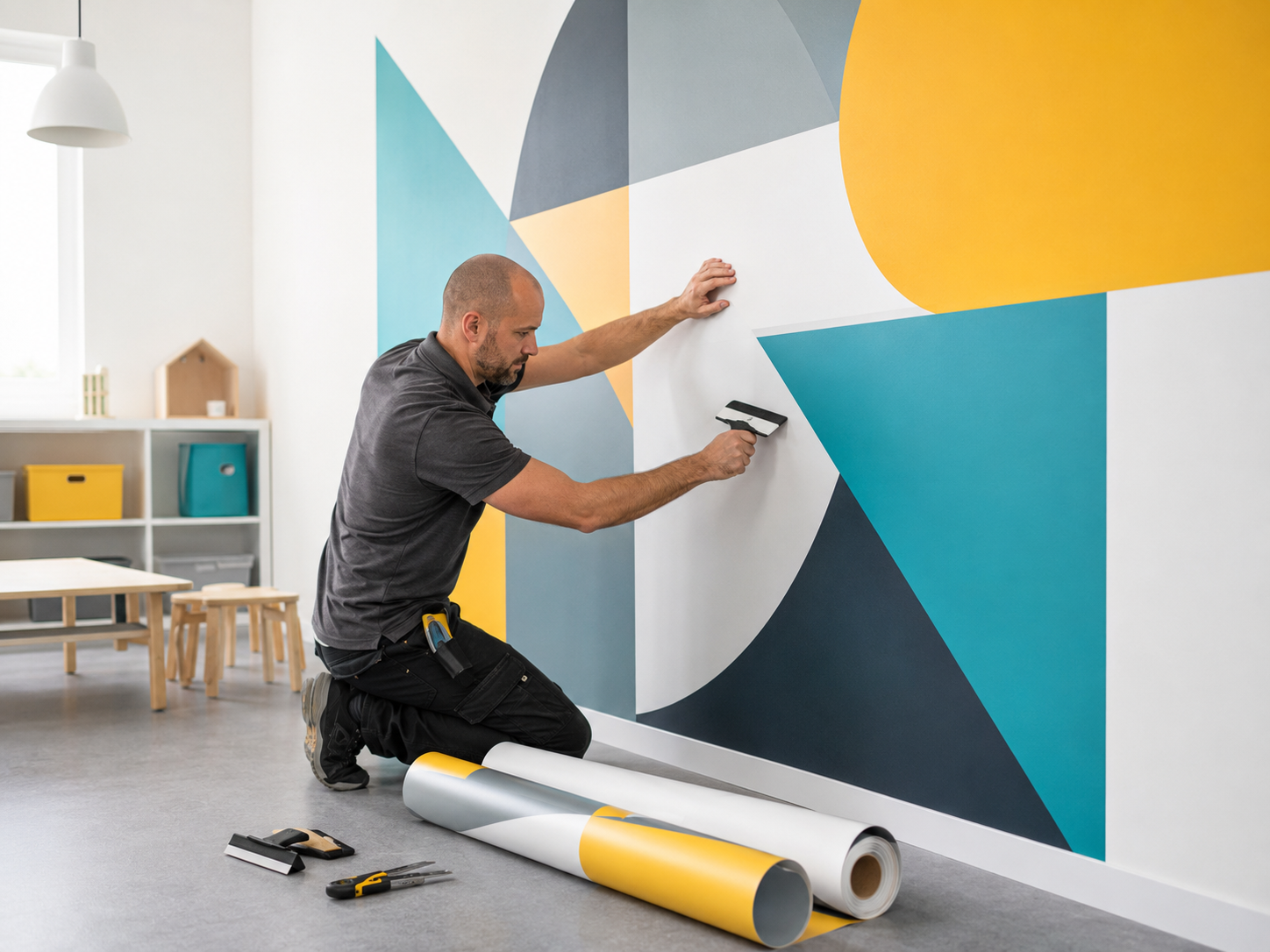Wall graphic being installed in a bright classroom